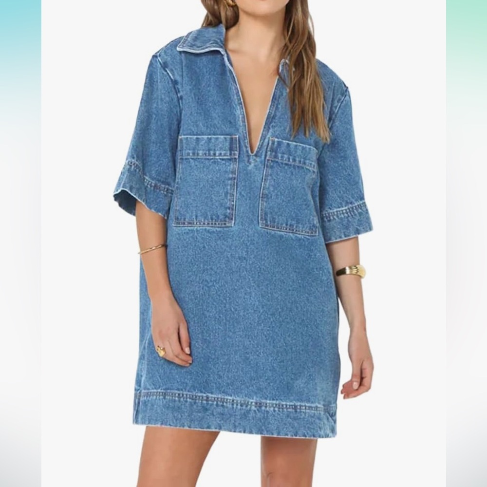 Denim Mini Dress with Deep V-Neck - Blue